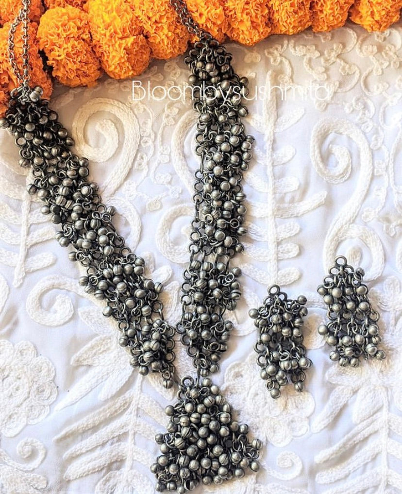Silver-Plated Ghungroo Studded Antique Filigree Work Tribal Jewellery Set - Bloom - By Sushmita