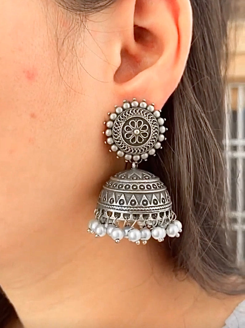 Mahima Silver White Pearl Jhumka - Bloom - By Sushmita