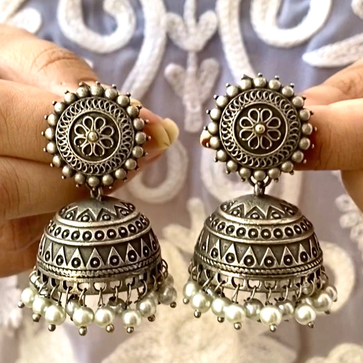 Mahima Silver White Pearl Jhumka - Bloom - By Sushmita