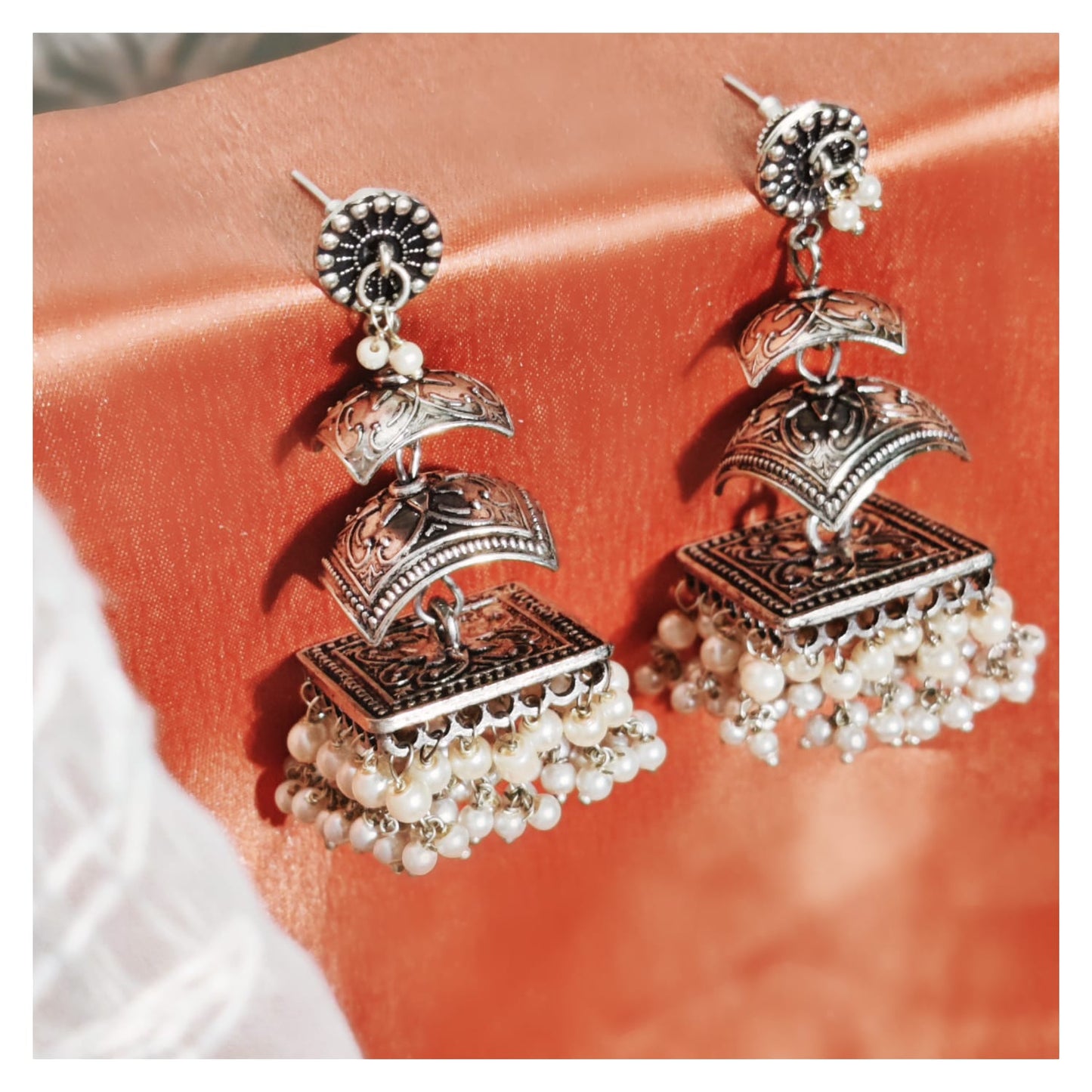 Ghoomar Jhumka with white pearls - Bloom - By Sushmita
