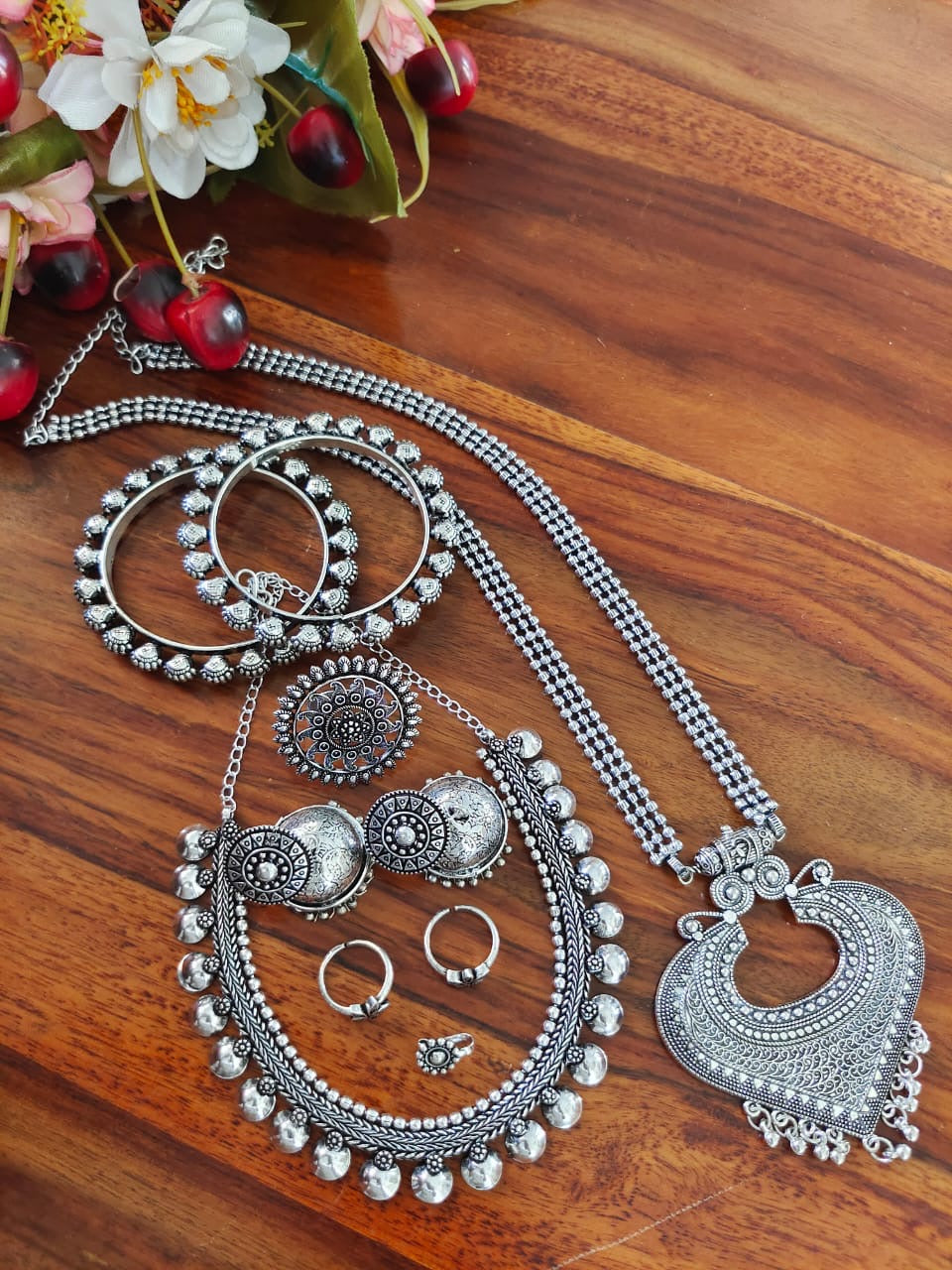 SHAYRI SILVER OXIDISED 7-PIECE GIFT SET oxidised German silver Jewelry Sets saree kurta Bloom - By Sushmita India Navratri Diwali Ganpati holi Eid