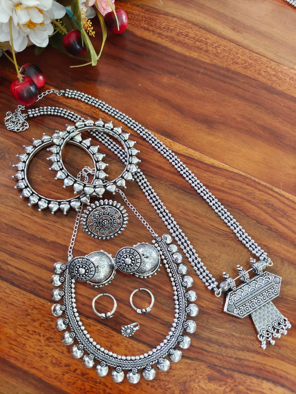 SHAYRI SILVER OXIDISED 7-PIECE GIFT SET oxidised German silver Jewelry Sets saree kurta Bloom - By Sushmita India Navratri Diwali Ganpati holi Eid