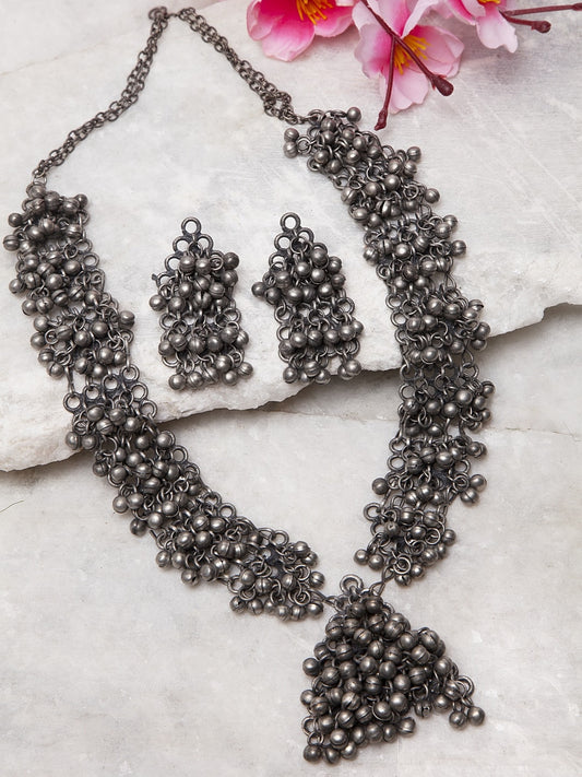 Silver-Plated Ghungroo Studded Antique Filigree Work Tribal Jewellery Set - Bloom - By Sushmita
