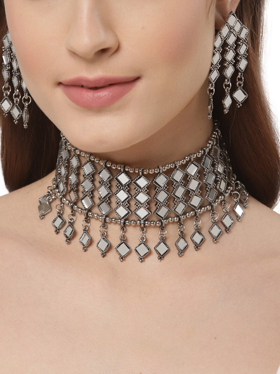 Oxidised Silver-Plated Mirror Jewellery Set - Bloom - By Sushmita