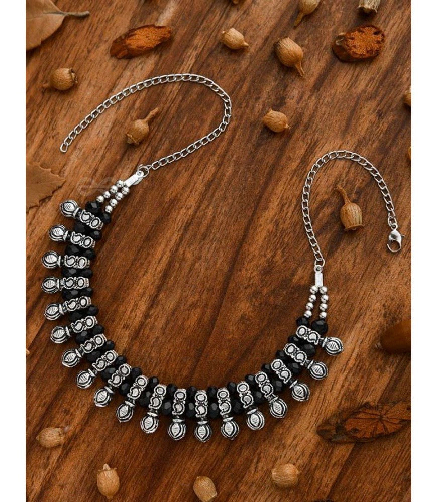 Silver And Black Beaded Choker Necklace - Bloom - By Sushmita