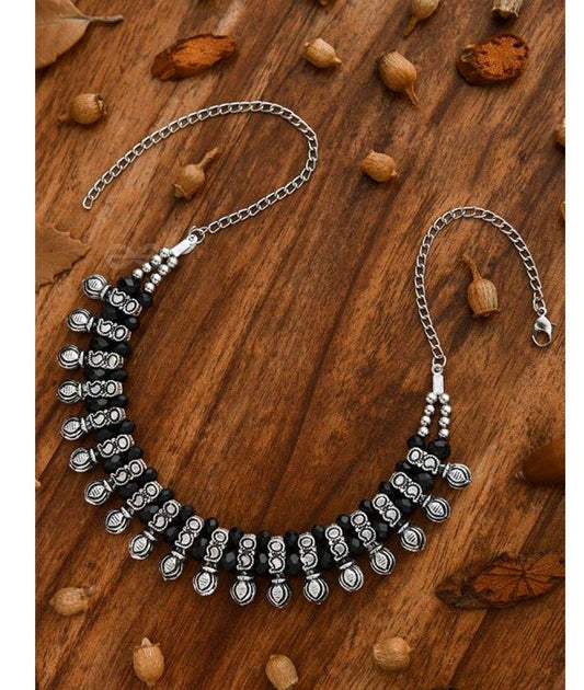 Silver And Black Beaded Choker Necklace - Bloom - By Sushmita