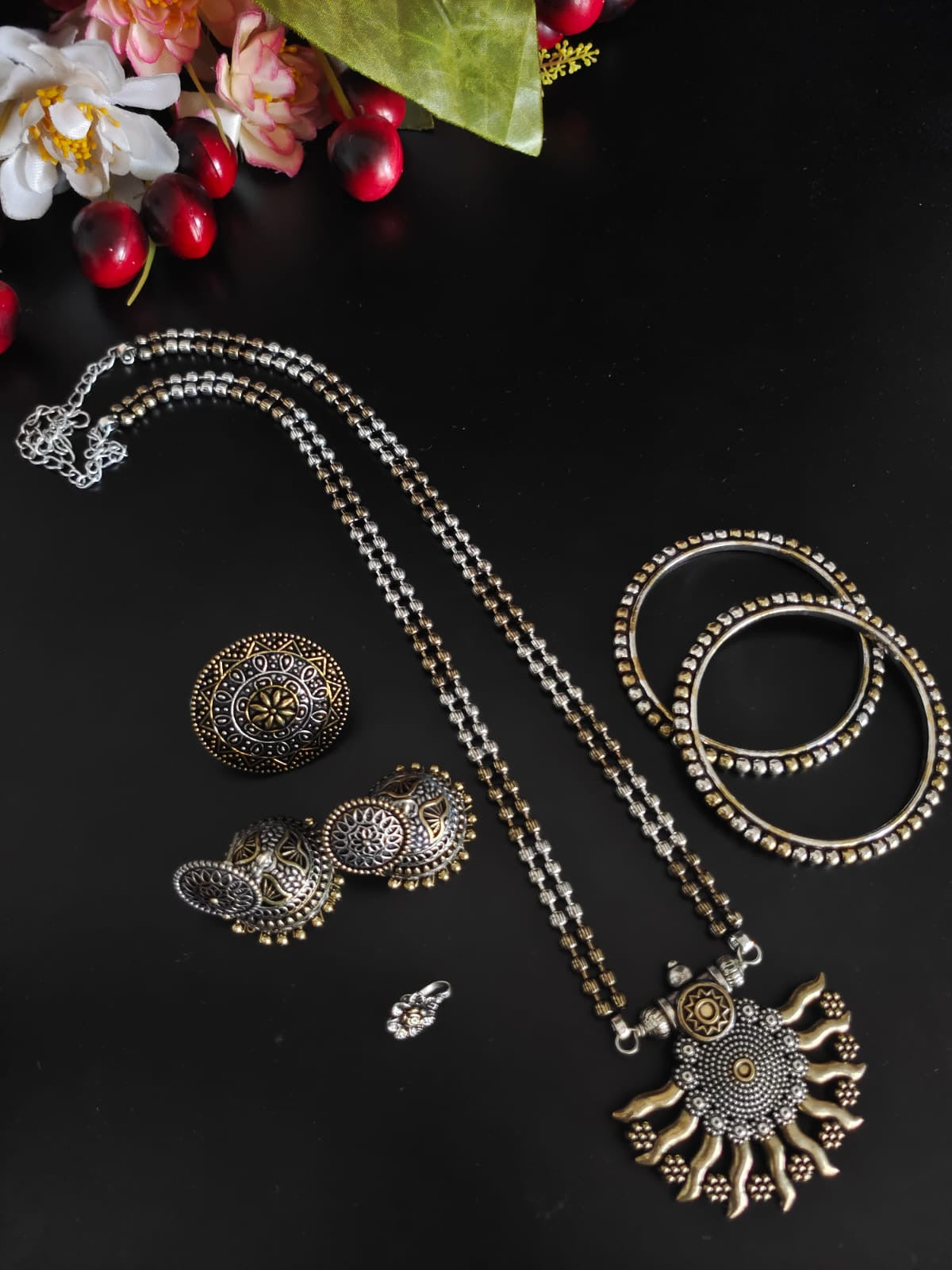 DUAL TONE OXIDISED 5-PIECE GIFT SET oxidised German silver Jewelry Sets saree kurta Bloom - By Sushmita India Navratri Diwali Ganpati holi Eid
