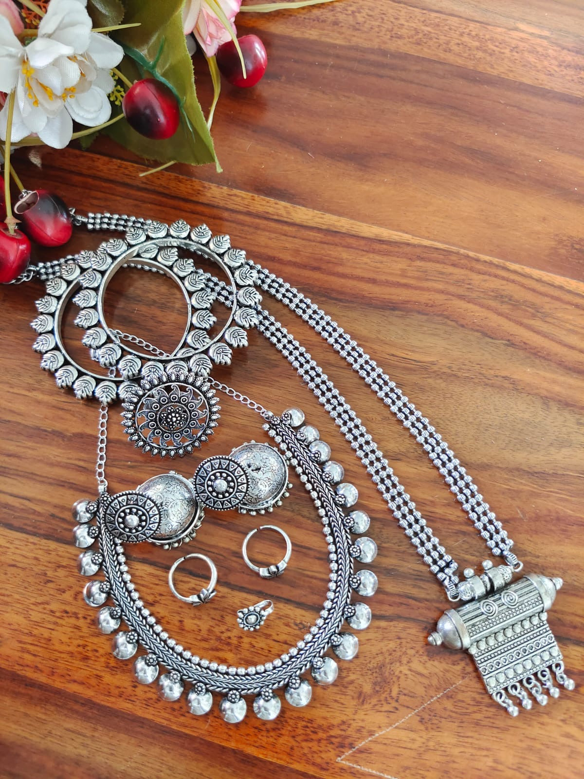 SHAYRI SILVER OXIDISED 7-PIECE GIFT SET oxidised German silver Jewelry Sets saree kurta Bloom - By Sushmita India Navratri Diwali Ganpati holi Eid