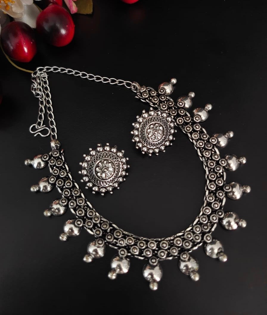 CHOKER WITH STUDS COMBO oxidised German silver Jewelry saree kurta Bloom - By Sushmita India Navratri Diwali Ganpati holi Eid
