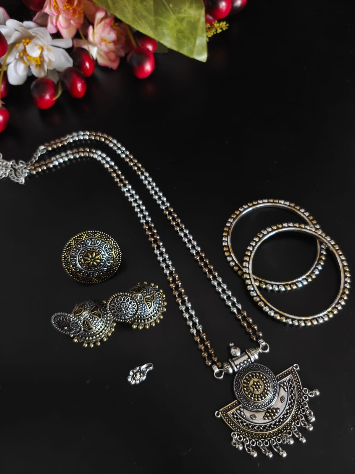 DUAL TONE OXIDISED 5-PIECE GIFT SET oxidised German silver Jewelry Sets saree kurta Bloom - By Sushmita India Navratri Diwali Ganpati holi Eid