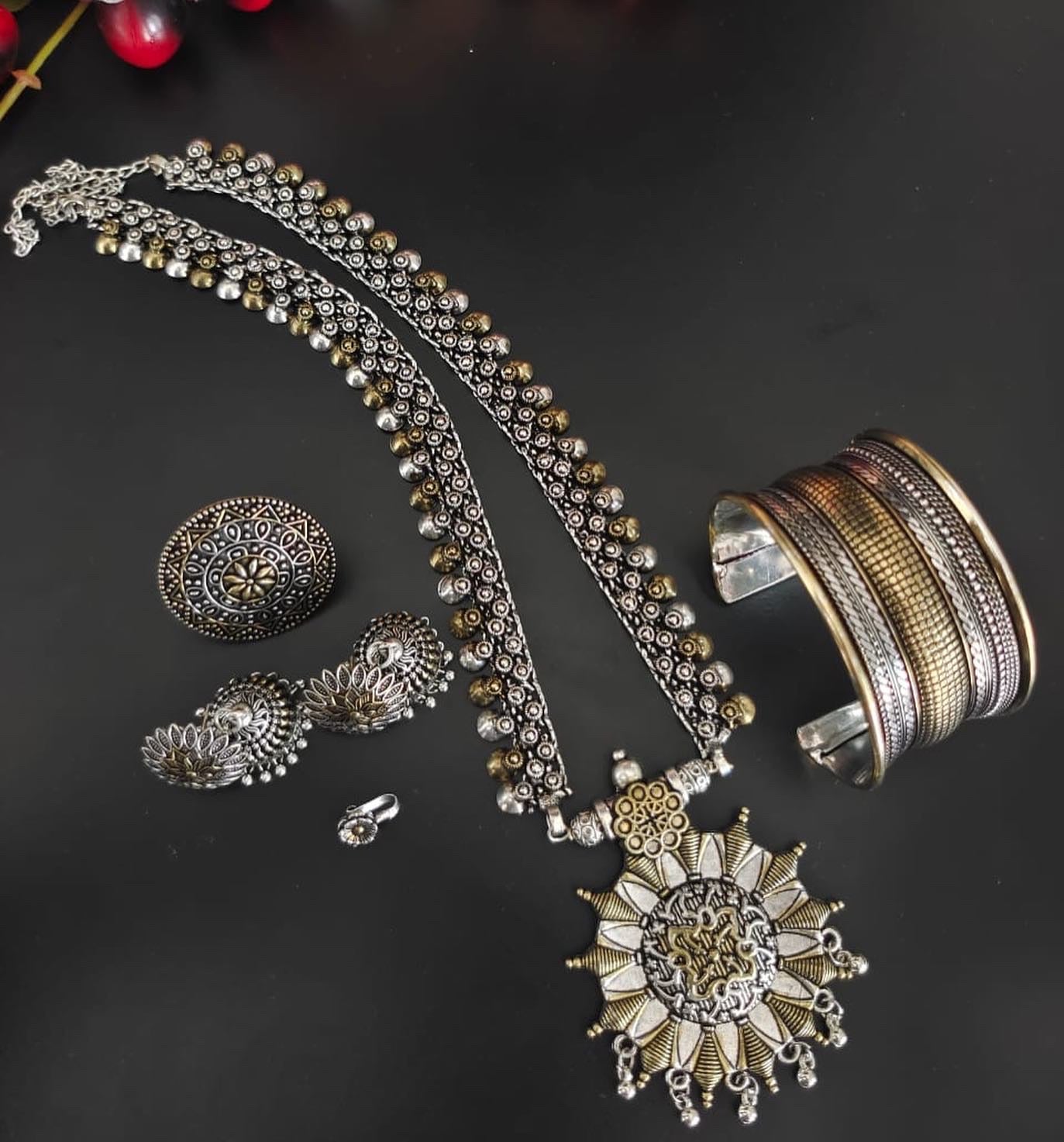 Krisha 5-piece Jewellery Set oxidised German silver saree kurta Bloom - By Sushmita India Navratri Diwali Ganpati holi Eid