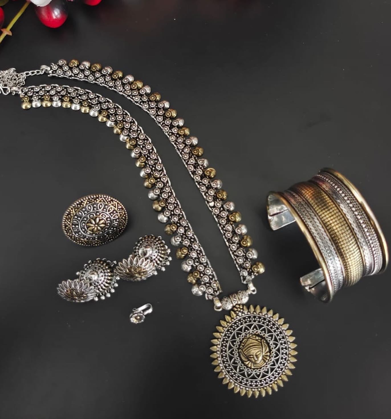 KRISHA 5-piece Jewellery set oxidised German silver saree kurta Bloom - By Sushmita India Navratri Diwali Ganpati holi Eid