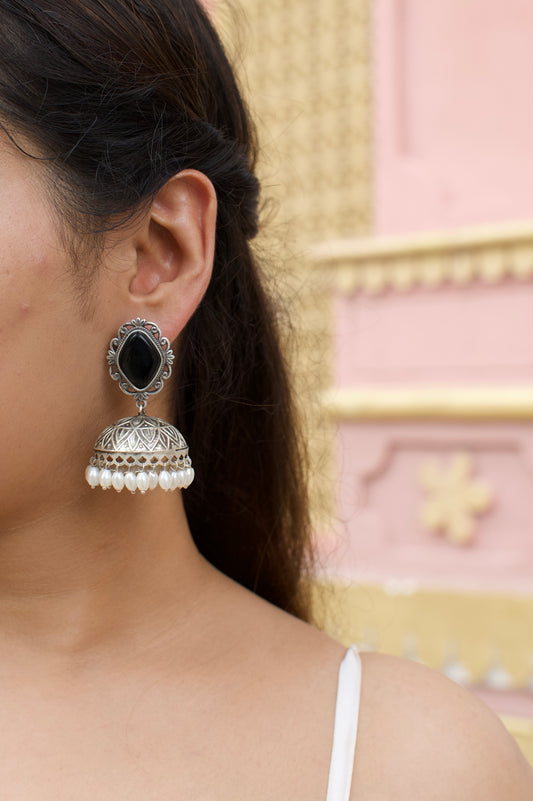 Noor | Monalisa Stone silver Jhumka with white pears