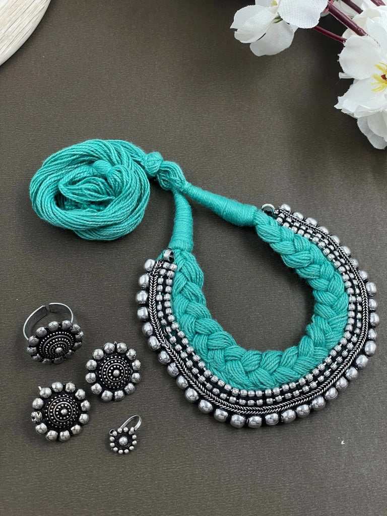 Threaded Choker Necklace Jewellery Combo oxidised German silver saree kurta Bloom - By Sushmita India Navratri Diwali Ganpati holi Eid