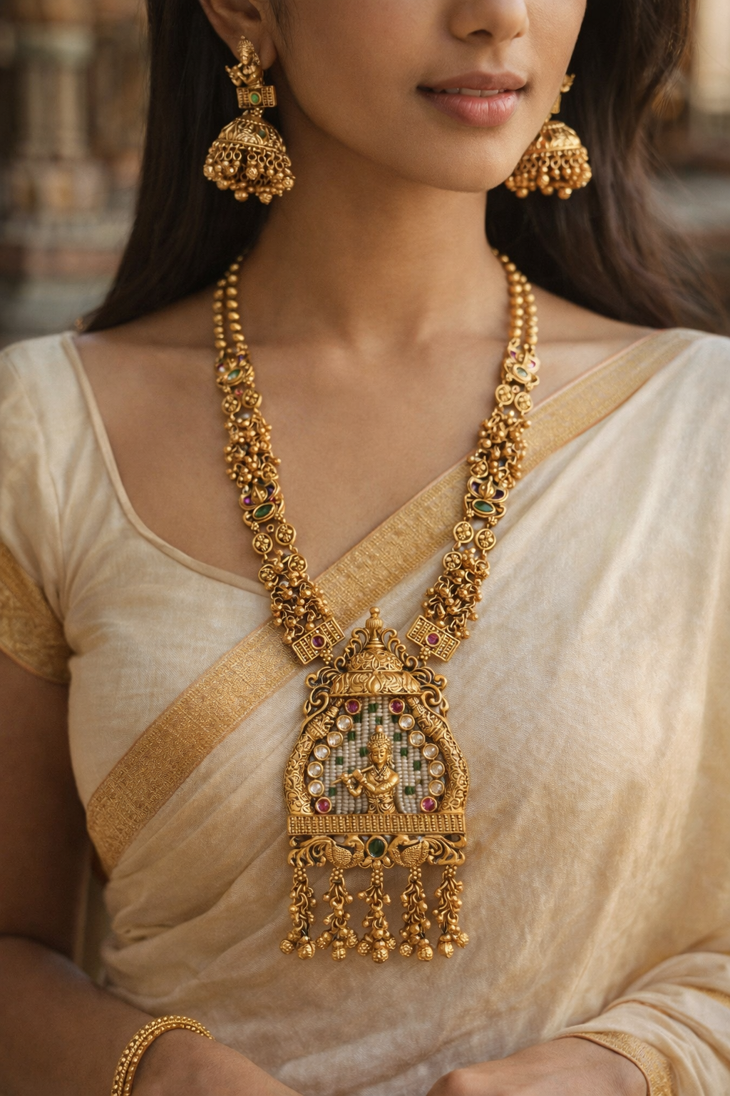 Handcrafted Krishna Necklace- heritage 18k gold plated temple necklace set