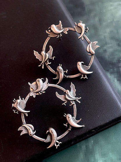 Silver Dancing bird Hoop with Studs Earrings