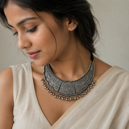 Silver-Plated Ghungroo Studded Oxidised necklace