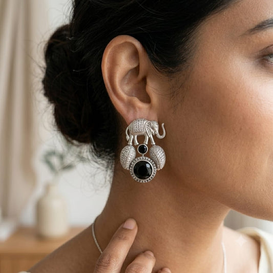 Elephant design Monalisa stone Statement light-weighted  Silver Earrings
