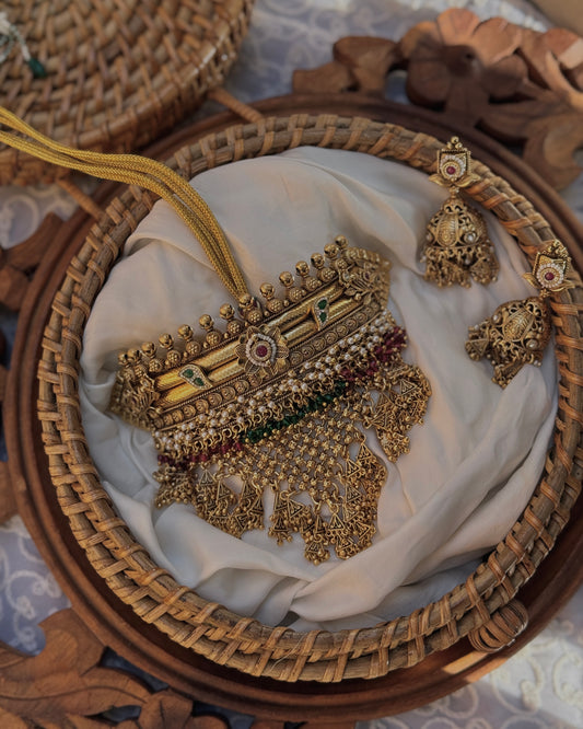 Kangana | Handcrafted rajwadi choker Necklace- heritage 18k gold plated temple necklace set