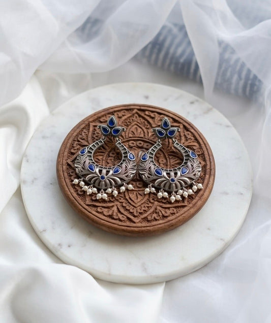 Monalisa stone Statement light-weighted Silver Earrings oxidised German silver Earrings saree kurta Bloom - By Sushmita India Navratri Diwali Ganpati holi Eid