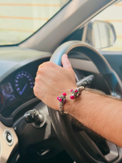 German Oxidised Silver Tribal Kada with Stone Antique Design Indian Kada Bangle Bracelet for Men & Women