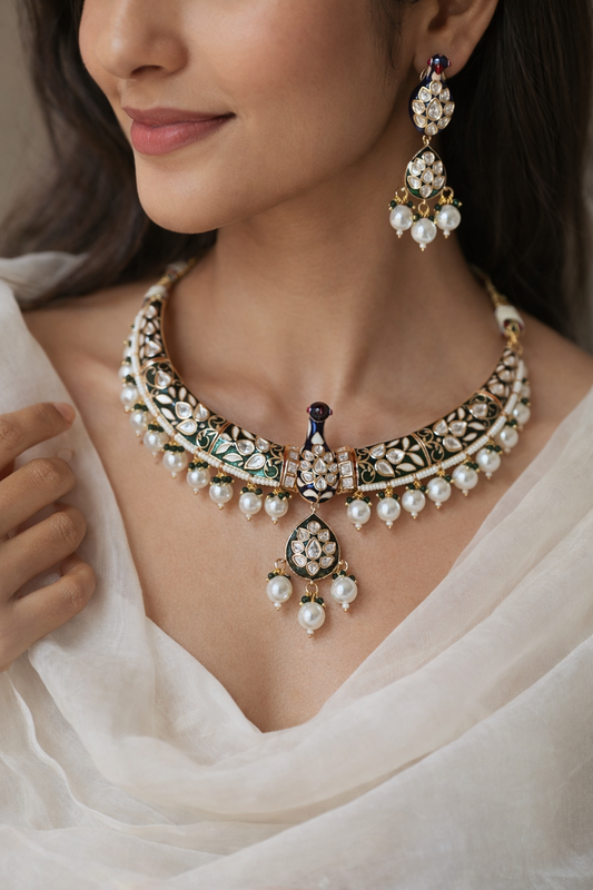 Rajwada - heritage 18k gold plated kundan necklace set with meenakari work | Gangaur