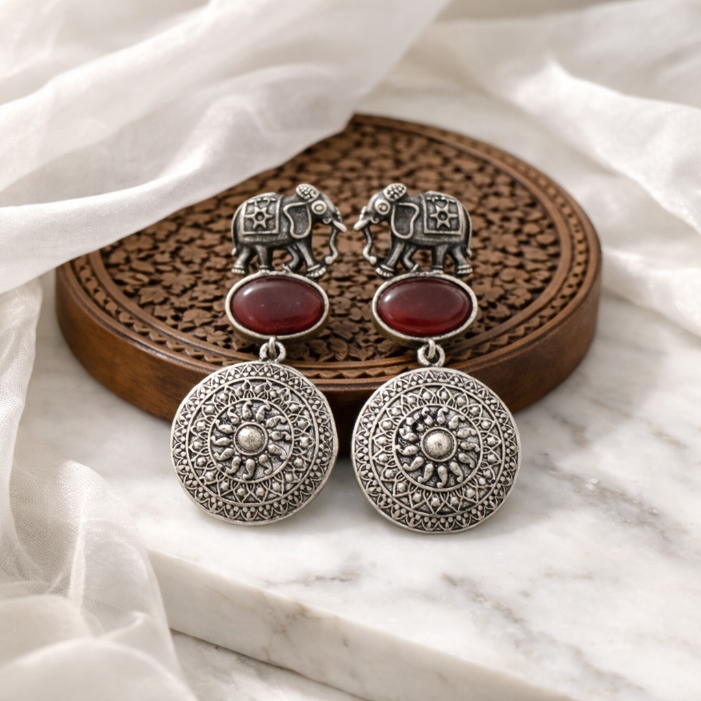 Elephant Silver Stud Earrings with color stones