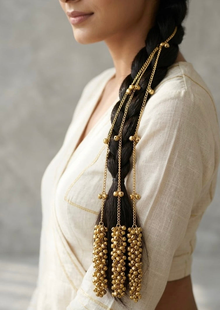 Hair Accessory | golden ghungru Paranda oxidised German silver saree kurta Bloom - By Sushmita India Navratri Diwali Ganpati holi Eid