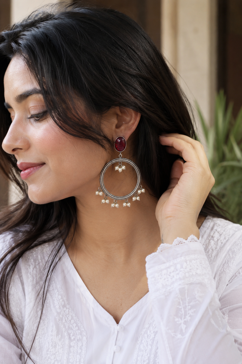 Chaandbaali | Monalisa stone Statement light-weighted  Silver Earrings
