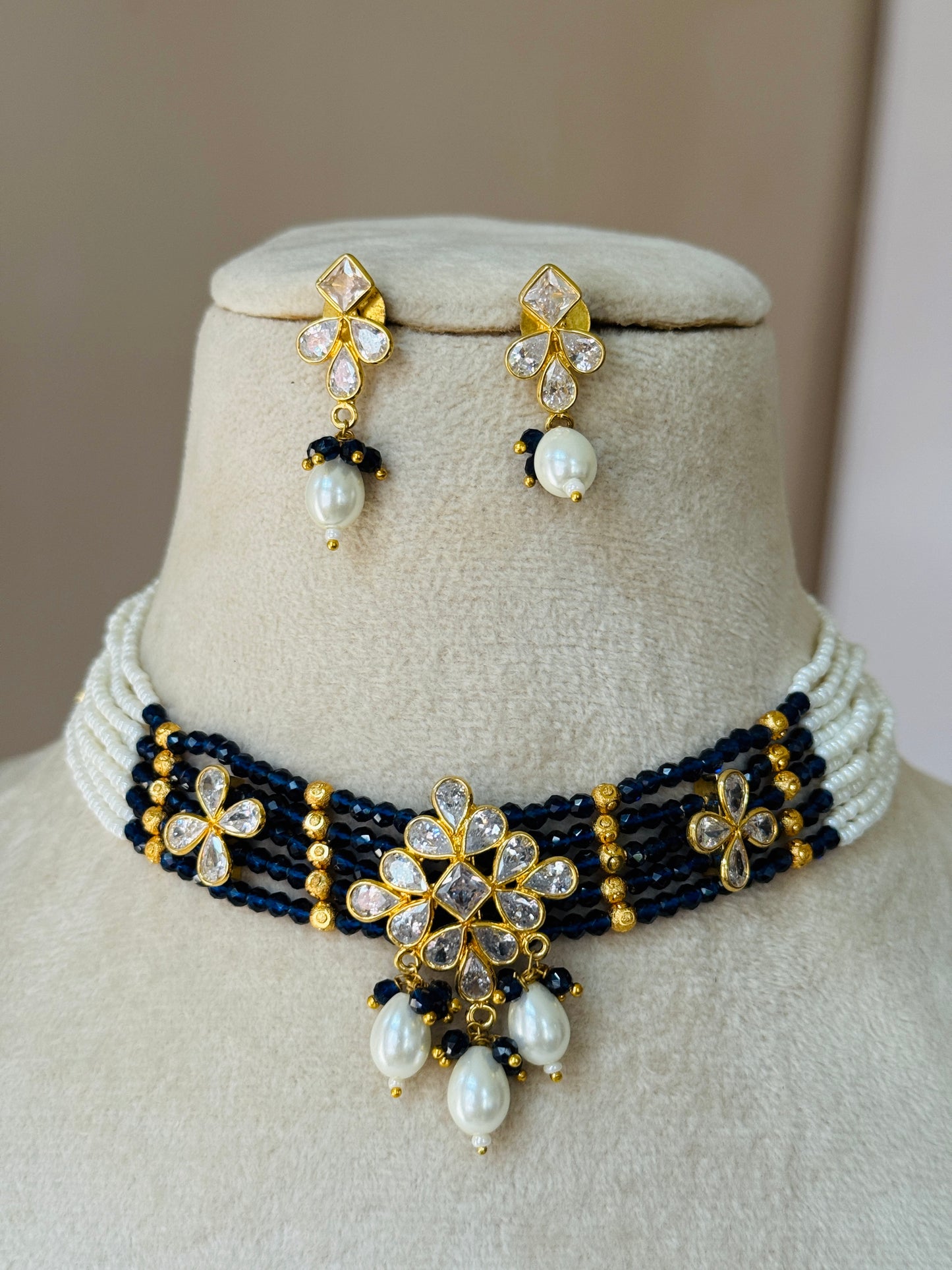 - heritage 18k gold plated kundan necklace blue beaded set