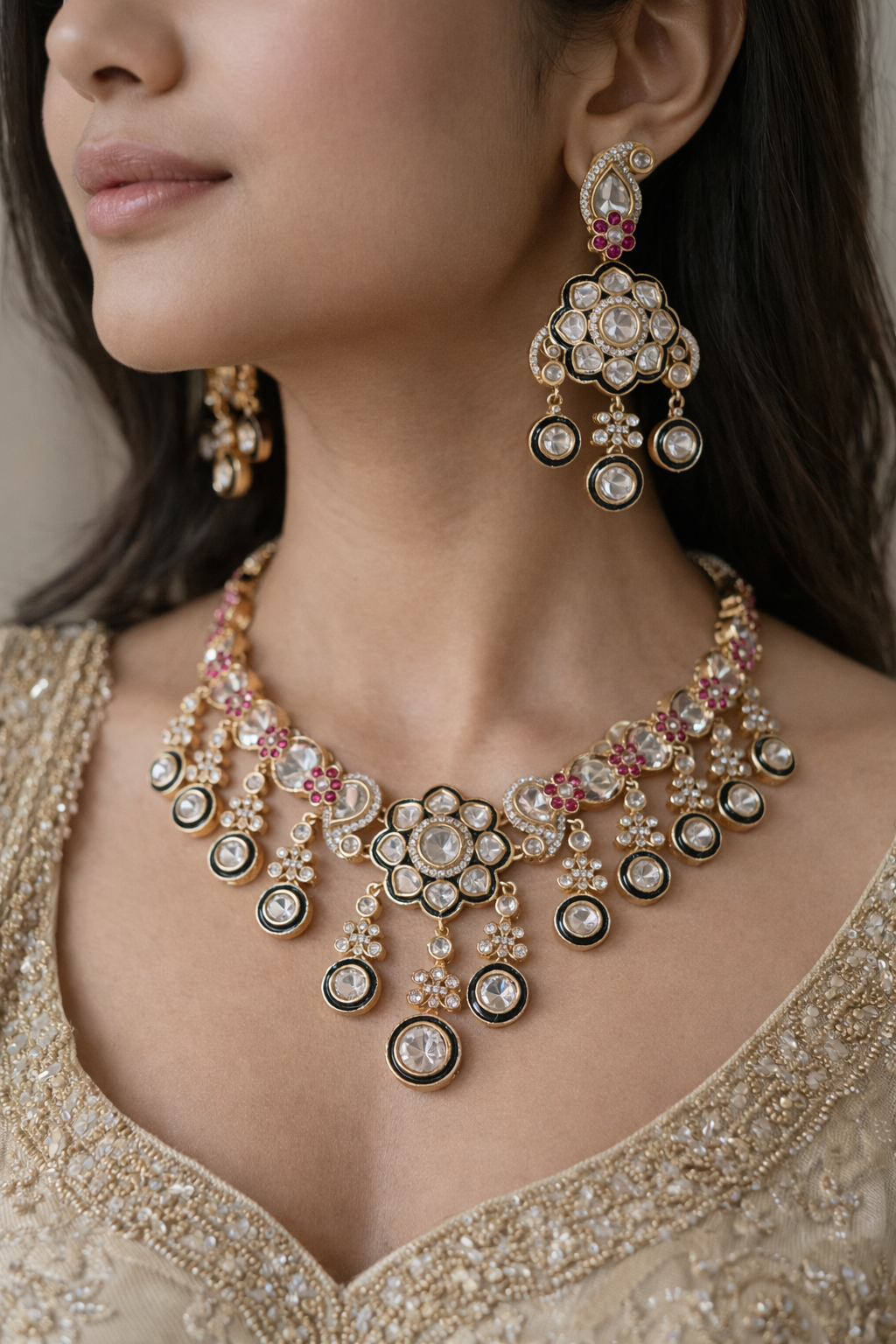 meraaki - heritage 18k gold plated kundan necklace set oxidised German silver Jewelry saree kurta Bloom - By Sushmita India Navratri Diwali Ganpati holi Eid