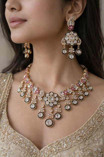 meraaki - heritage 18k gold plated kundan necklace set oxidised German silver Jewelry saree kurta Bloom - By Sushmita India Navratri Diwali Ganpati holi Eid