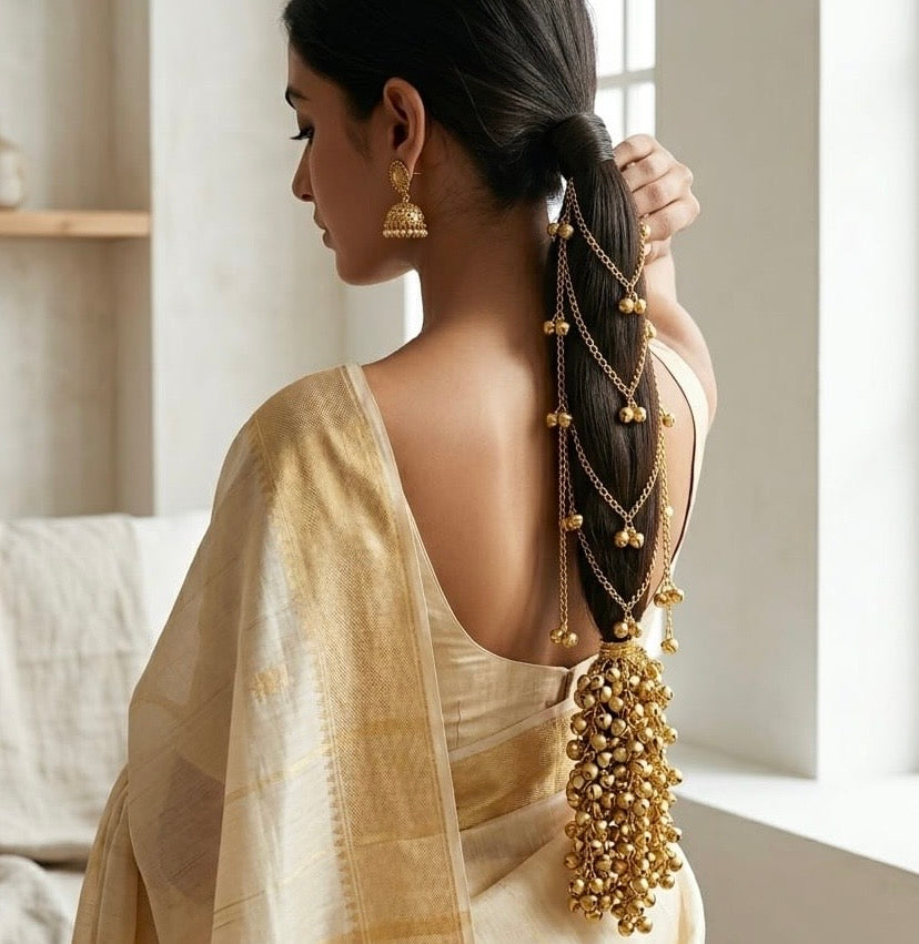 Hair Accessory | golden ghungru Paranda oxidised German silver saree kurta Bloom - By Sushmita India Navratri Diwali Ganpati holi Eid