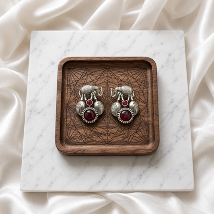 Elephant design Monalisa stone Statement light-weighted  Silver Earrings
