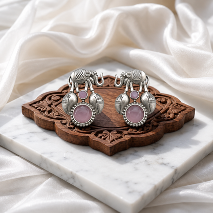 Elephant design Monalisa stone Statement light-weighted  Silver Earrings