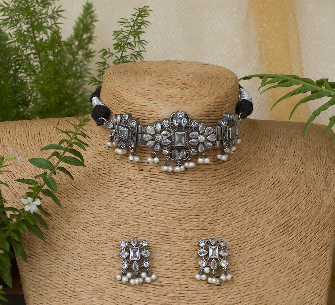 Yasmin Choker Necklace Set | German Silver Jewelry Set oxidised German silver Jewelry Sets saree kurta Bloom - By Sushmita India Navratri Diwali Ganpati holi Eid