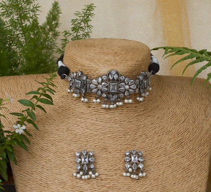 Yasmin Choker Necklace Set | German Silver Jewelry Set oxidised German silver Jewelry Sets saree kurta Bloom - By Sushmita India Navratri Diwali Ganpati holi Eid
