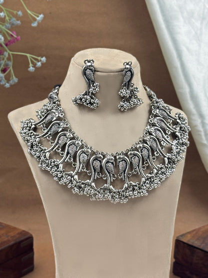 Bird Silver Oxidised Choker oxidised German silver Necklaces saree kurta Bloom - By Sushmita India Navratri Diwali Ganpati holi Eid