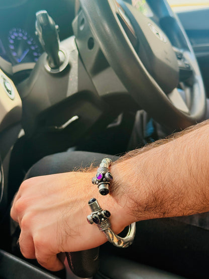 German Oxidised Silver Tribal Kada with Stone Antique Design Indian Kada Bangle Bracelet for Men & Women