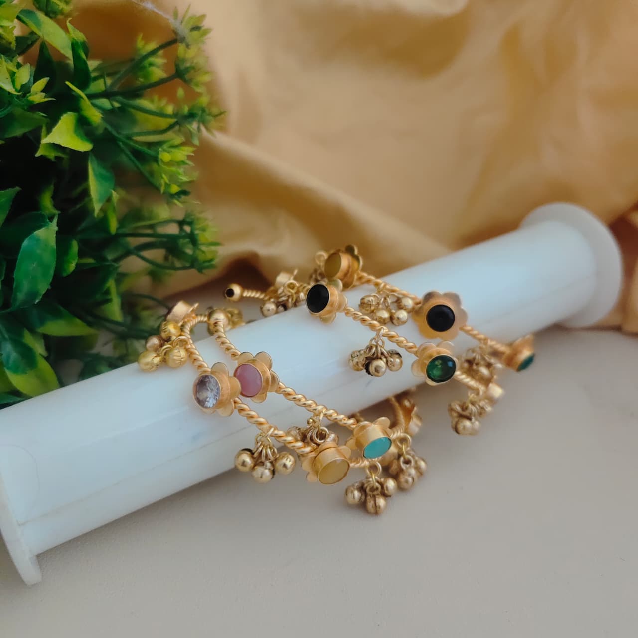 Gold plated Kashmiri ghungroo Bangles / kada with multicolor stones (openable)