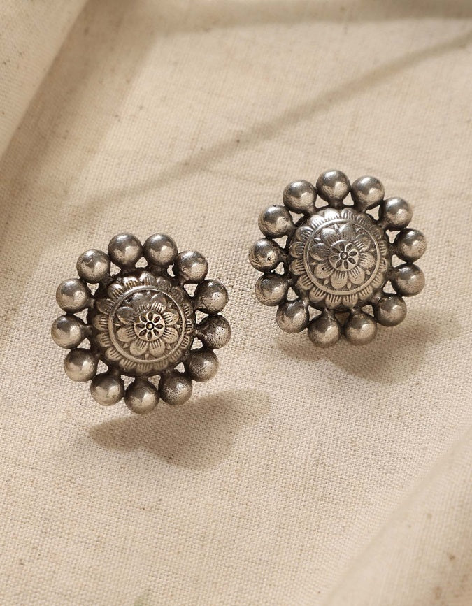 Mandala Silver Stud Earrings - Bloom - By Sushmita