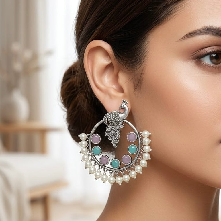 Peacock round stone Statement light-weighted Silver Earrings