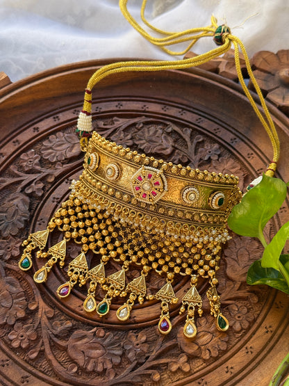Handcrafted rajwadi choker Necklace- heritage 18k gold plated temple necklace set
