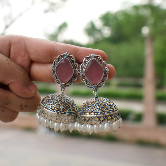 Noor | Monalisa Stone silver Jhumka with white pears