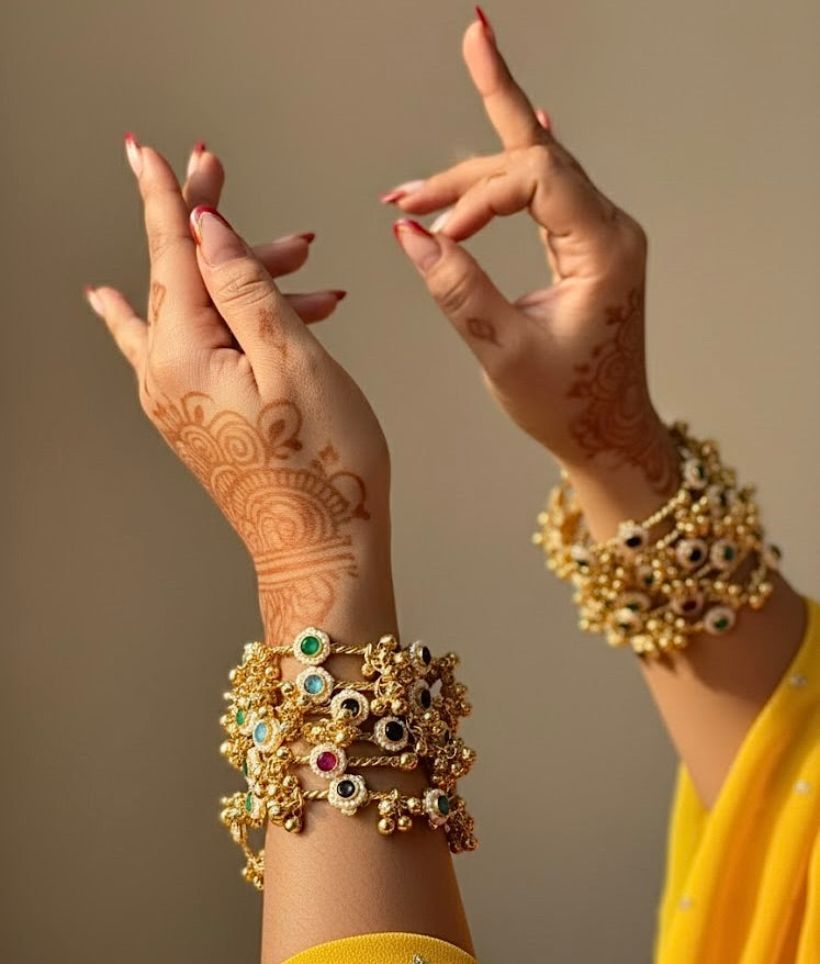 Gold plated ghungroo Bangles / kada with multicolor stones (openable)