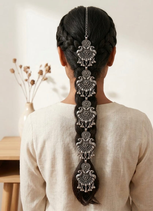 Silver Hair Chain - Choti Phool oxidised German silver saree kurta Bloom - By Sushmita India Navratri Diwali Ganpati holi Eid