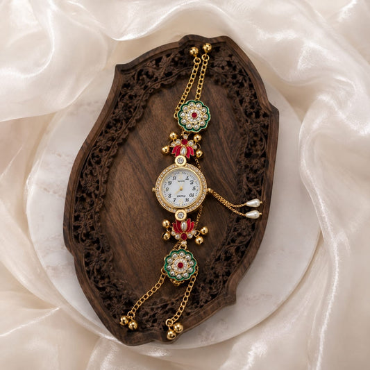 Kundan designed Watch | hand Jewelry oxidised German silver saree kurta Bloom - By Sushmita India Navratri Diwali Ganpati holi Eid
