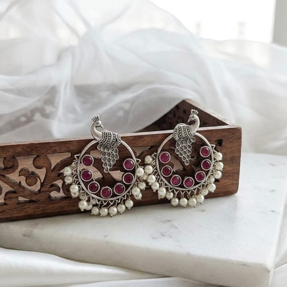 Peacock round stone Statement light-weighted Silver Earrings