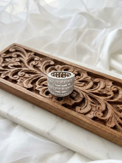 Rhodium Plated Zirconia Studded American diamond adjustable Ring| Hand Jewelry oxidised German silver Rings saree kurta Bloom - By Sushmita India Navratri Diwali Ganpati holi Eid