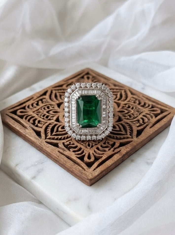 Rhodium Plated Zirconia Studded American diamond adjustable Ring| Hand Jewelry oxidised German silver Rings saree kurta Bloom - By Sushmita India Navratri Diwali Ganpati holi Eid